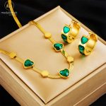 Stainless Steel Gold Plated Green Heart CZ Jewelry Set