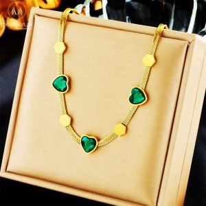 Stainless Steel Gold Plated Green Heart CZ Jewelry Set