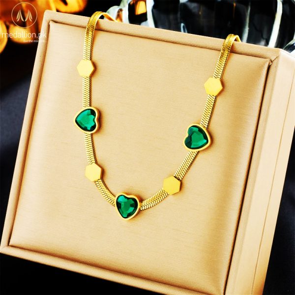 Stainless Steel Gold Plated Green Heart CZ Jewelry Set