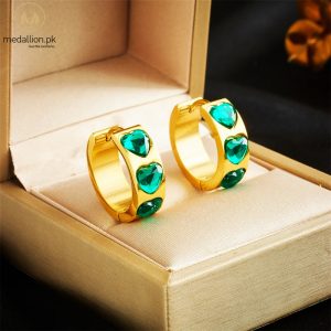 Stainless Steel Gold Plated Green Heart CZ Jewelry Set