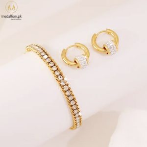 Stainless Steel18K Gold Plated Bracelet Earrings CZ Set