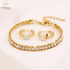Stainless Steel18K Gold Plated Bracelet Earrings CZ Set