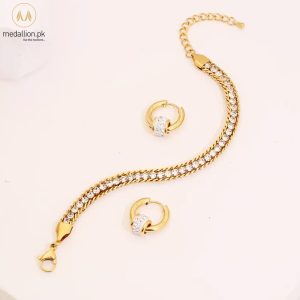 Stainless Steel18K Gold Plated Bracelet Earrings CZ Set