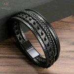 Black PU Leather Multilayer Magnetic Buckle Men Bracelet