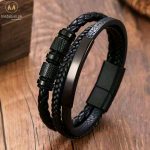 Black PU Leather Multilayer Stainless Steel Buckle Men Bracelet