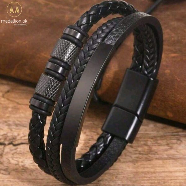 Black PU Leather Multilayer Stainless Steel Buckle Men Bracelet