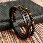 Brown PU Leather Multilayer Tiger Eye Stone Men Bracelet