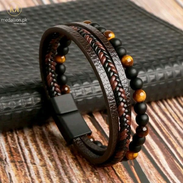 Brown PU Leather Multilayer Tiger Eye Stone Men Bracelet Brown PU Leather Multilayer Tiger Eye Stone Men Bracelet