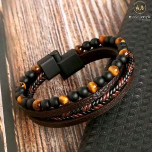 Brown PU Leather Multilayer Tiger Eye Stone Men Bracelet