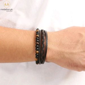 Brown PU Leather Multilayer Tiger Eye Stone Men Bracelet