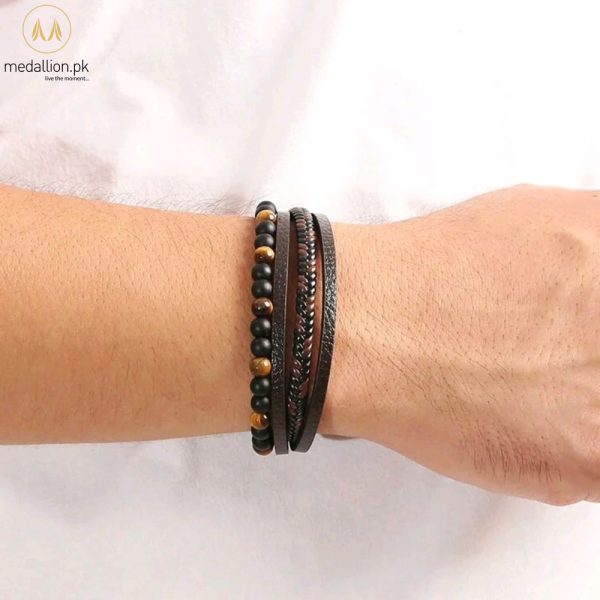 Brown PU Leather Multilayer Tiger Eye Stone Men Bracelet
